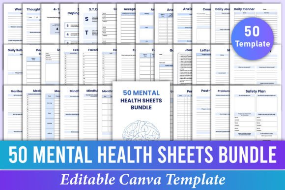 Download 50 Mental Health Sheets Bundle Canva Kdp - Mental health Collection